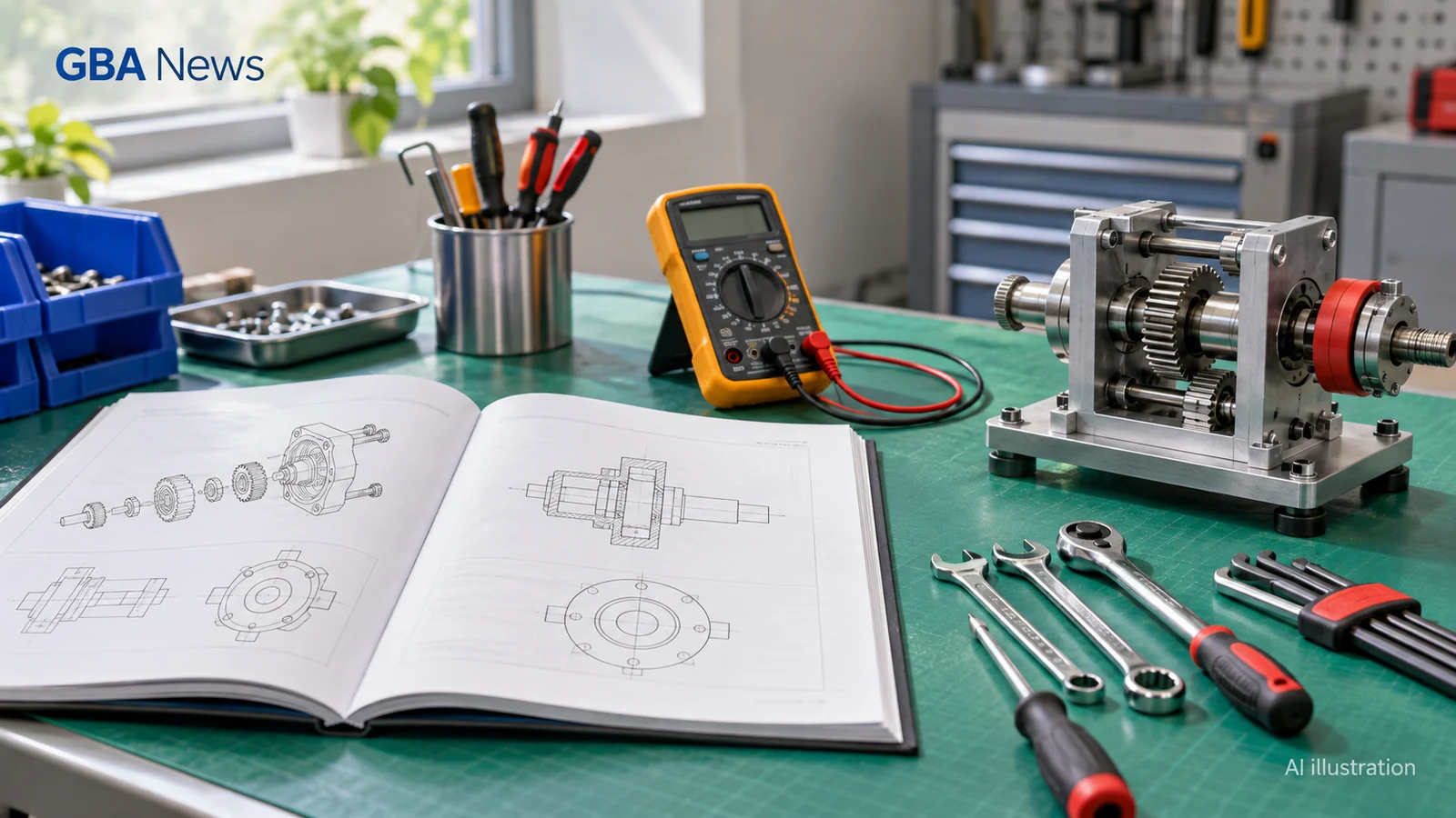 AI-generated illustration of a vocational learning bench with a multimeter, hand tools and an unbranded training notebook