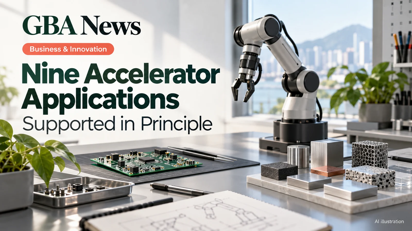 AI illustration of robotics components and prototype materials representing innovation accelerator work