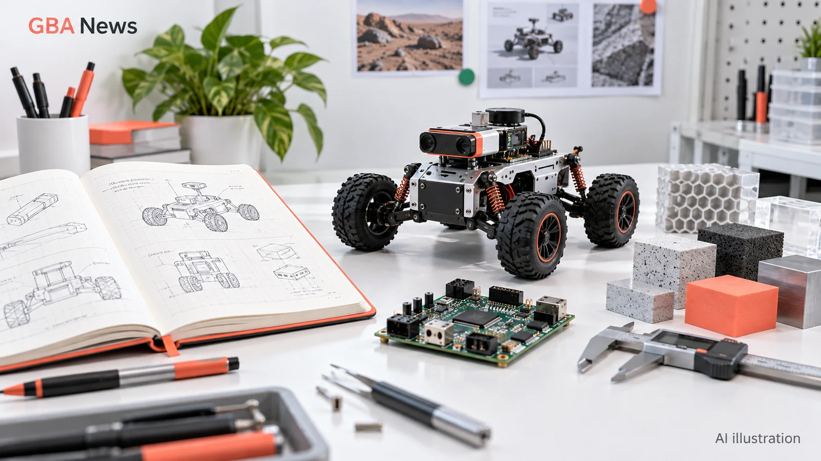 AI-generated illustration of a shared prototype bench with a compact robot, circuit board and materials samples