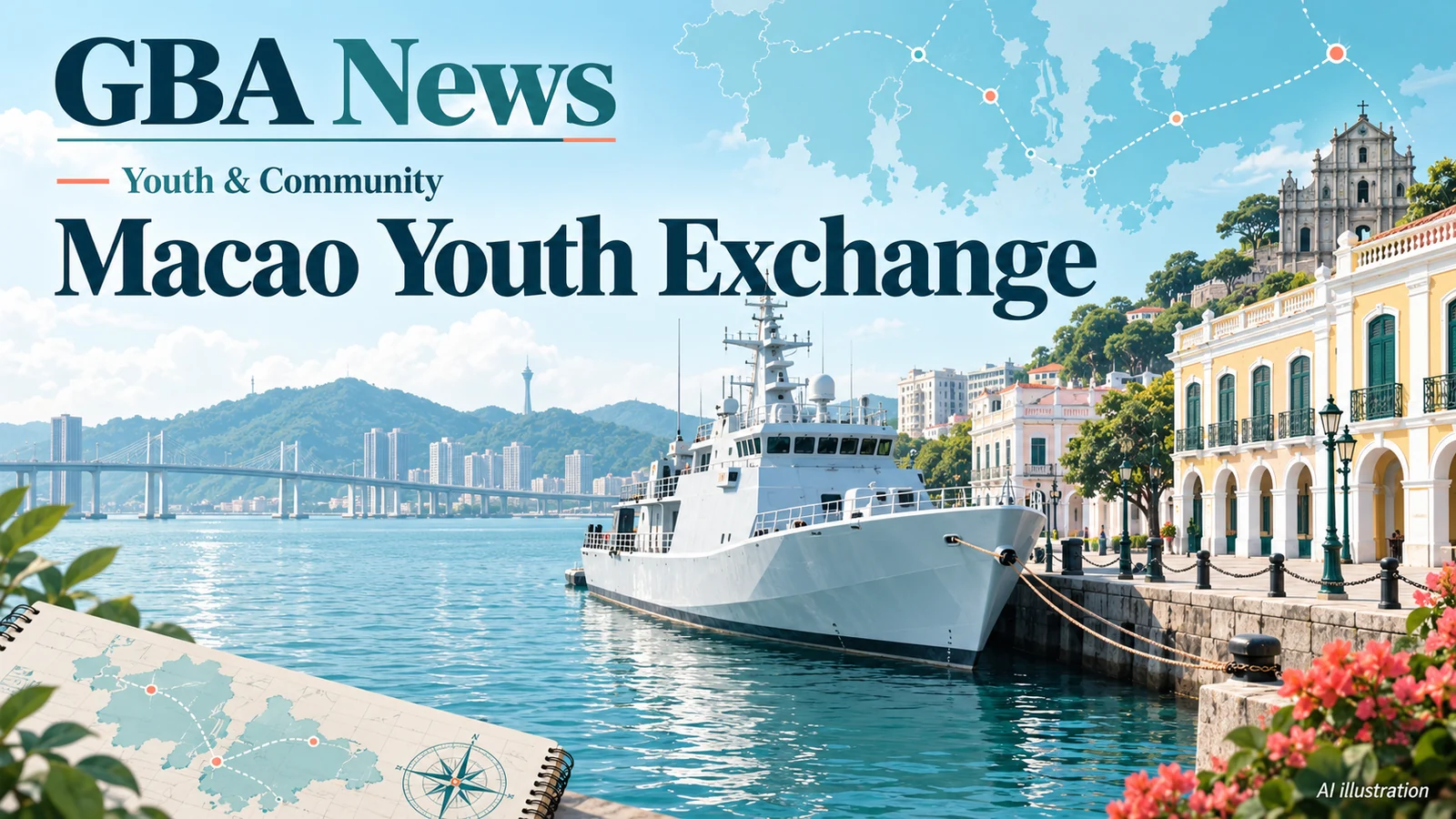 GBA News AI illustration: Macao youth exchange, with a maritime vessel and waterfront.