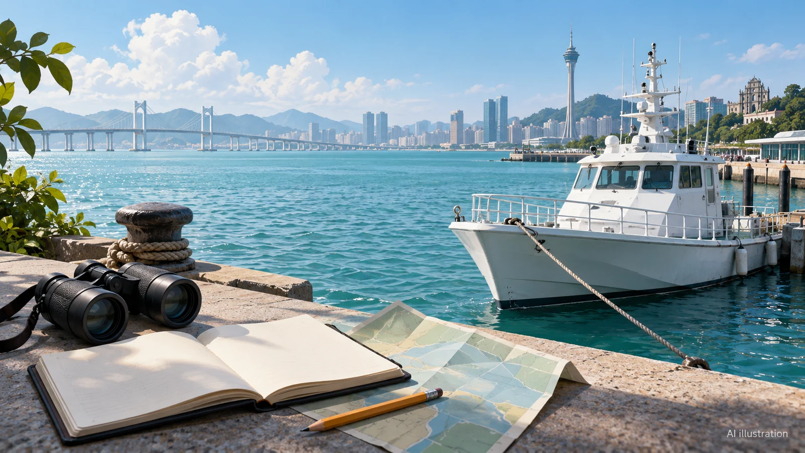 AI-generated editorial illustration of an unmarked patrol vessel beside a Macao-inspired waterfront, with a notebook and map in the foreground.