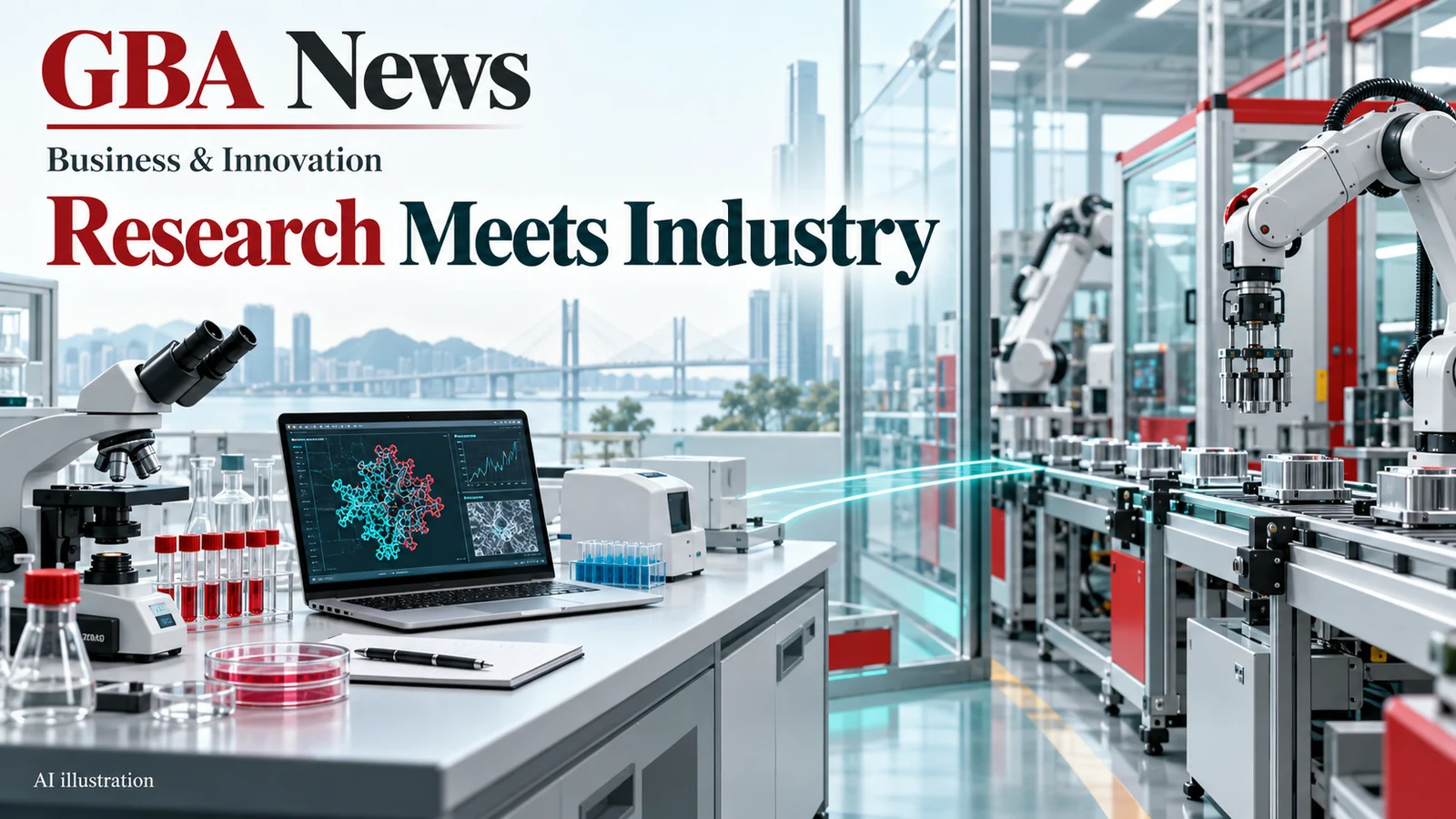 GBA News AI illustration: research meets industry, with a lab prototype and industrial testing equipment.