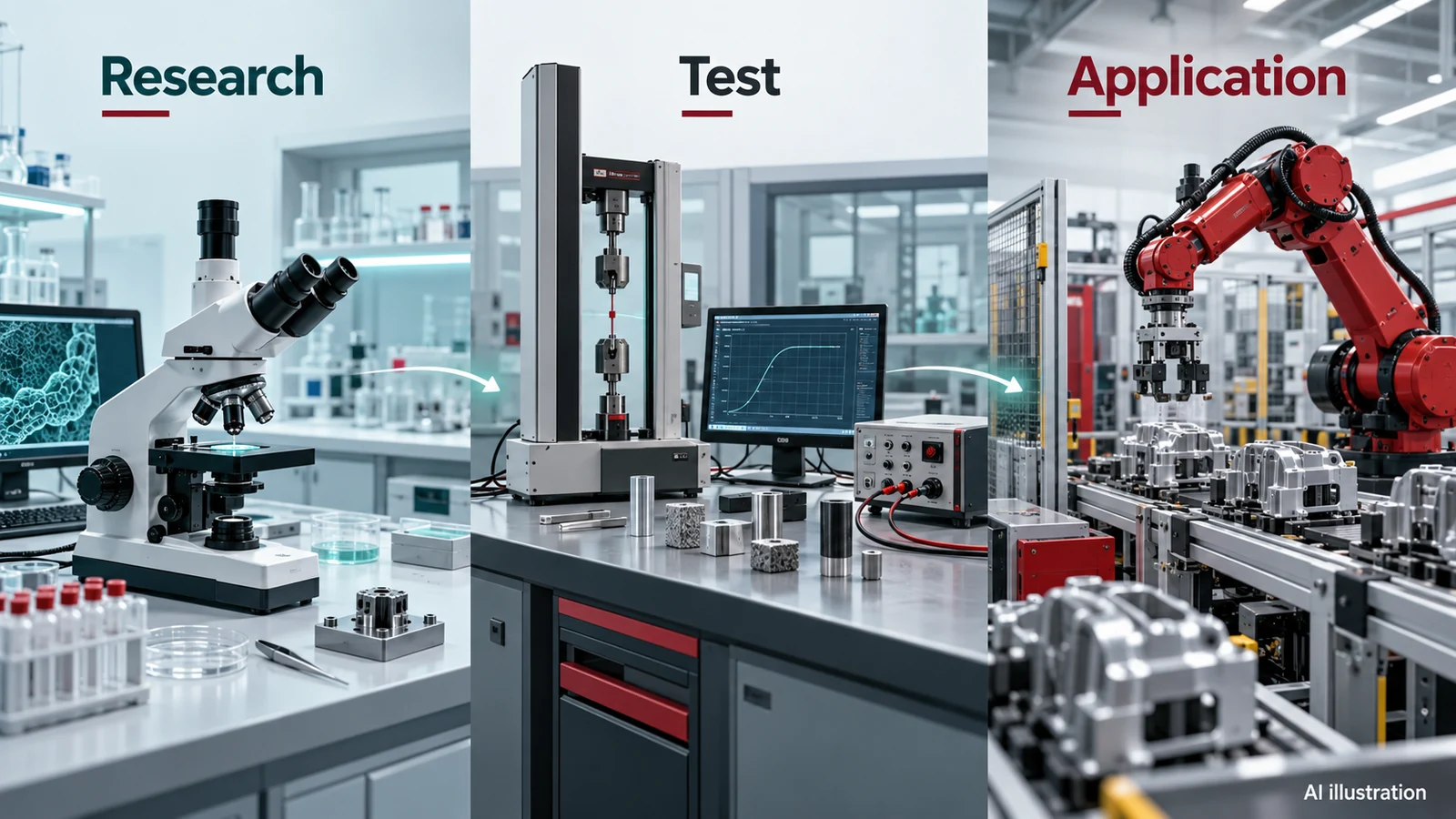 AI-generated conceptual illustration showing a laboratory prototype, a controlled test bench and an industrial production cell connected as stages of research transfer.
