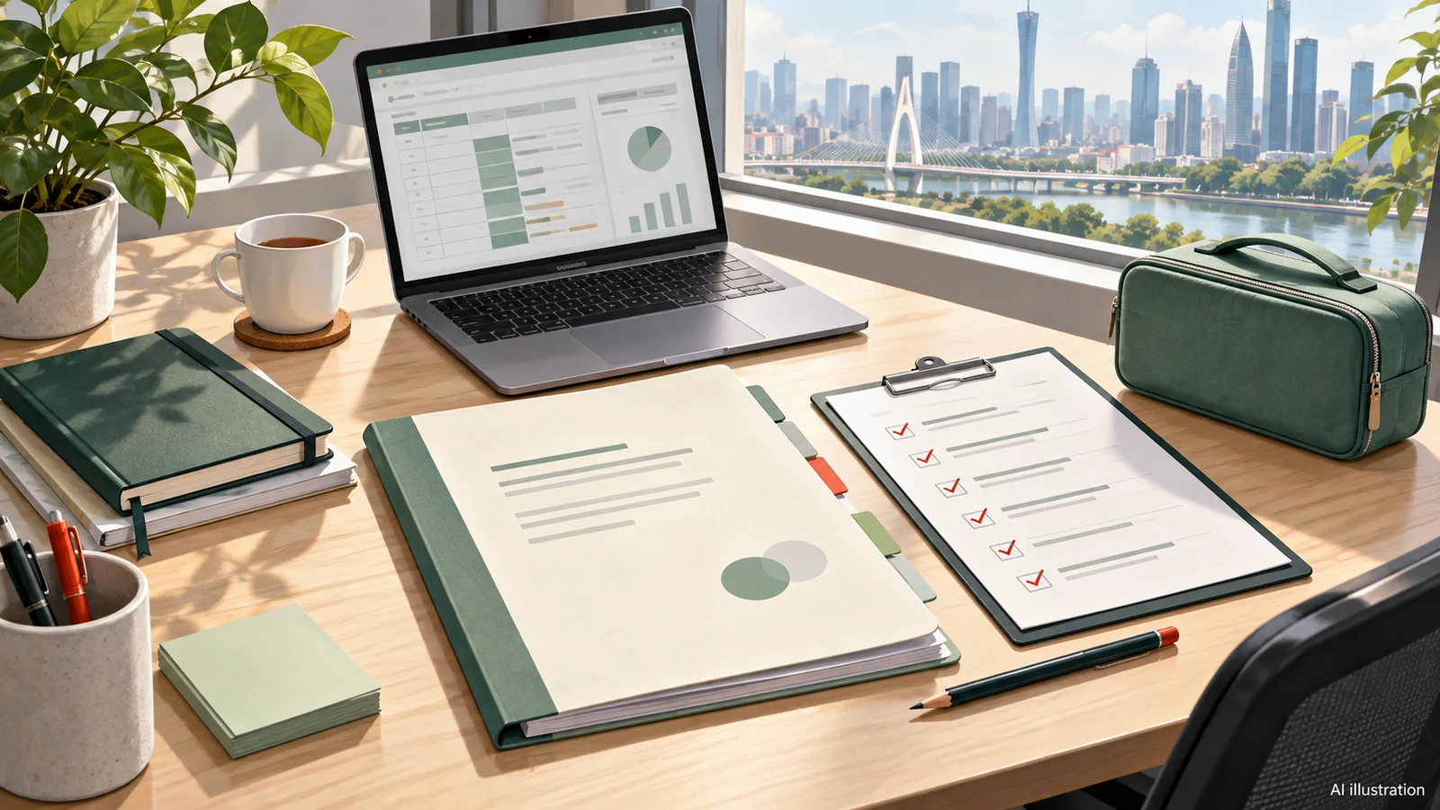 AI illustration of internship project planning documents, a laptop and travel luggage on a desk, without an actual application form or personal information.