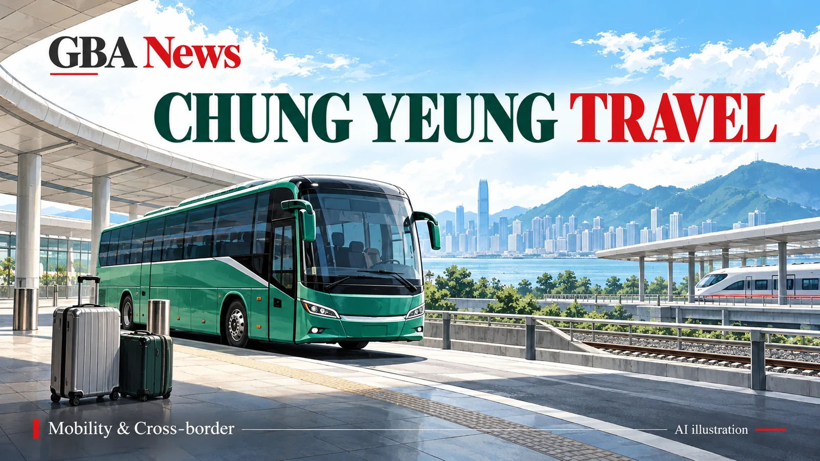 AI editorial illustration of a cross-border bus and luggage representing Chung Yeung holiday journey planning.