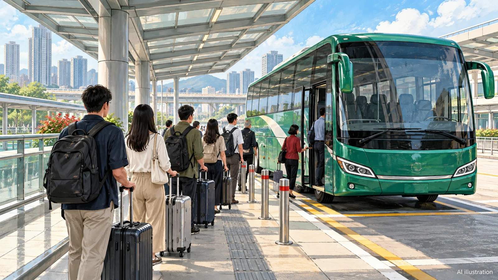 AI illustration of a generic cross-border bus interchange with covered passenger queues and a bus, not a surveyed map of Huanggang or San Tin.