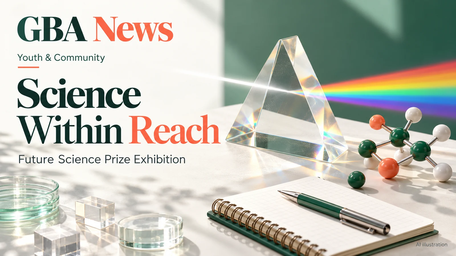 AI editorial illustration of science learning objects representing the Future Science Prize exhibition, not documentary museum photography.