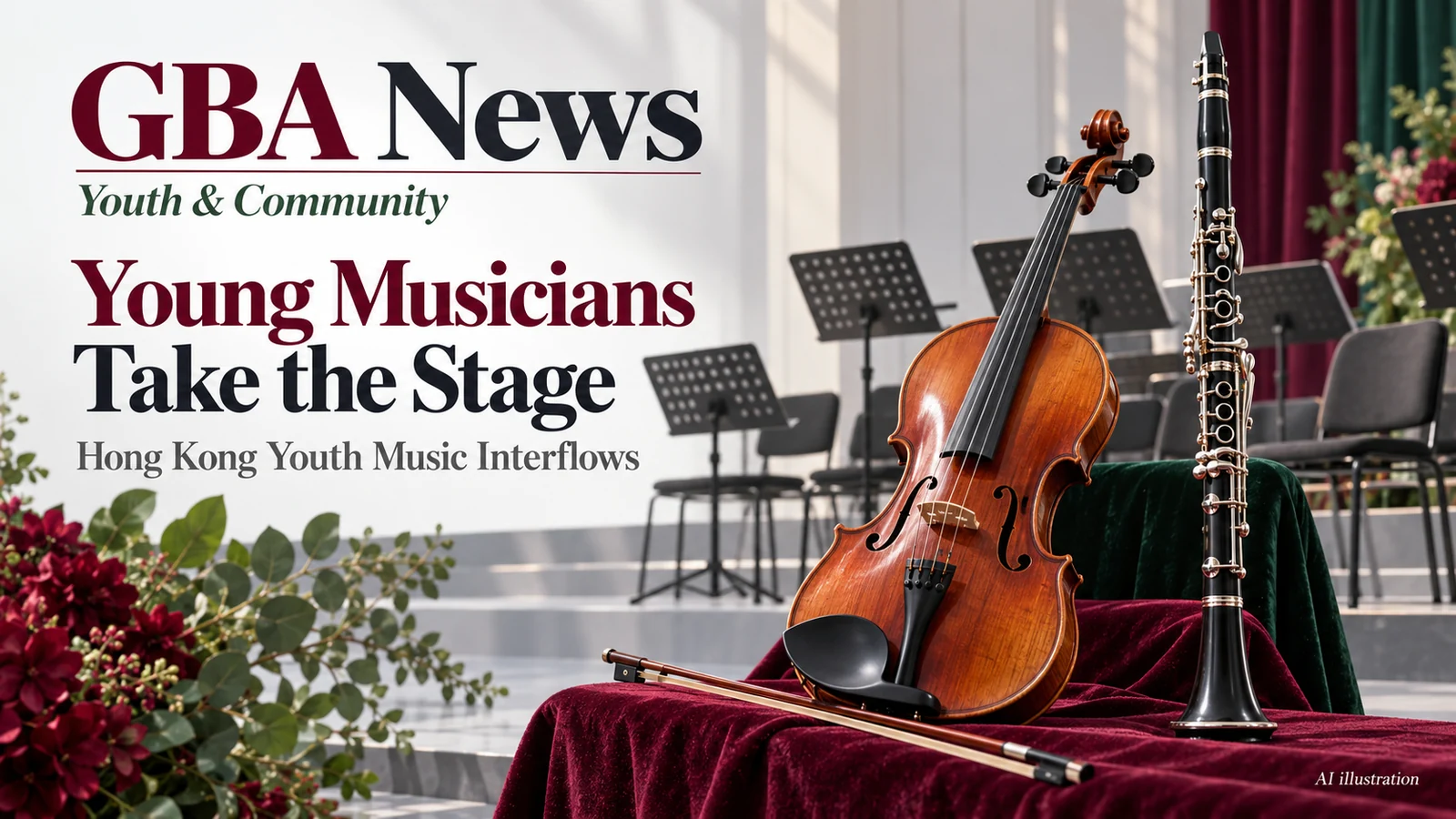 AI editorial illustration of a violin and clarinet on a rehearsal stage representing youth ensemble music, not a real performance.