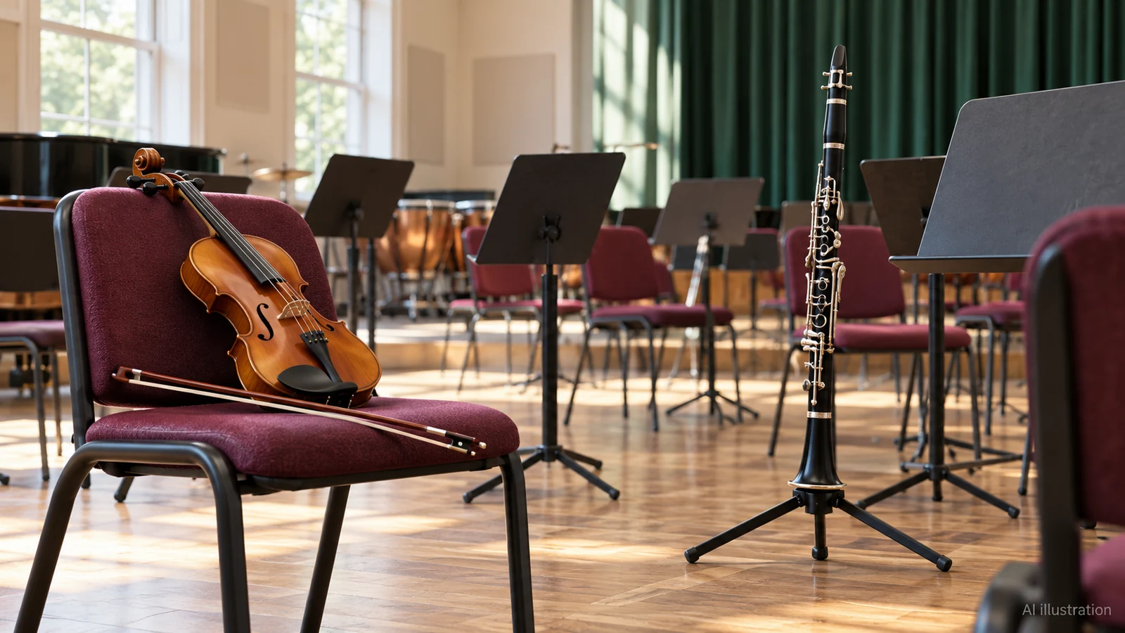 AI illustration of a violin, clarinet, music stands and empty rehearsal chairs; not a photograph of a participating school or a performance venue.