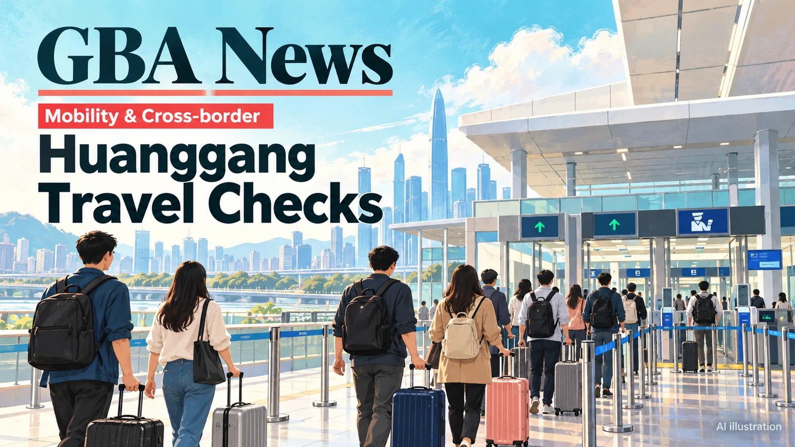 AI illustration of travellers planning a Hong Kong–Shenzhen border journey