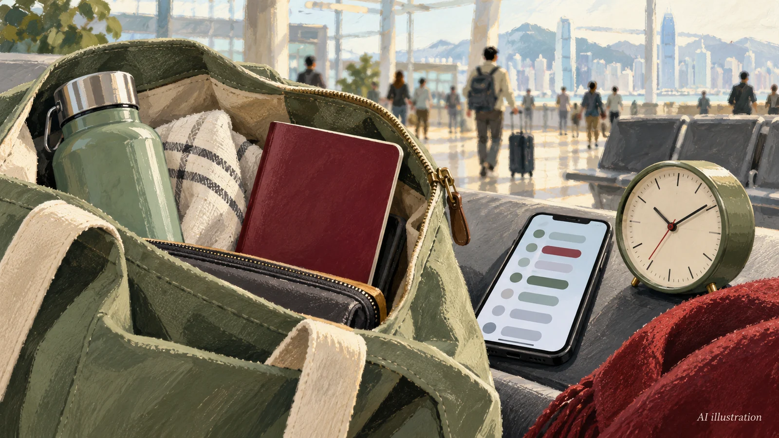 AI illustration of a travel checklist, bags and an abstract border terminal, not an official layout