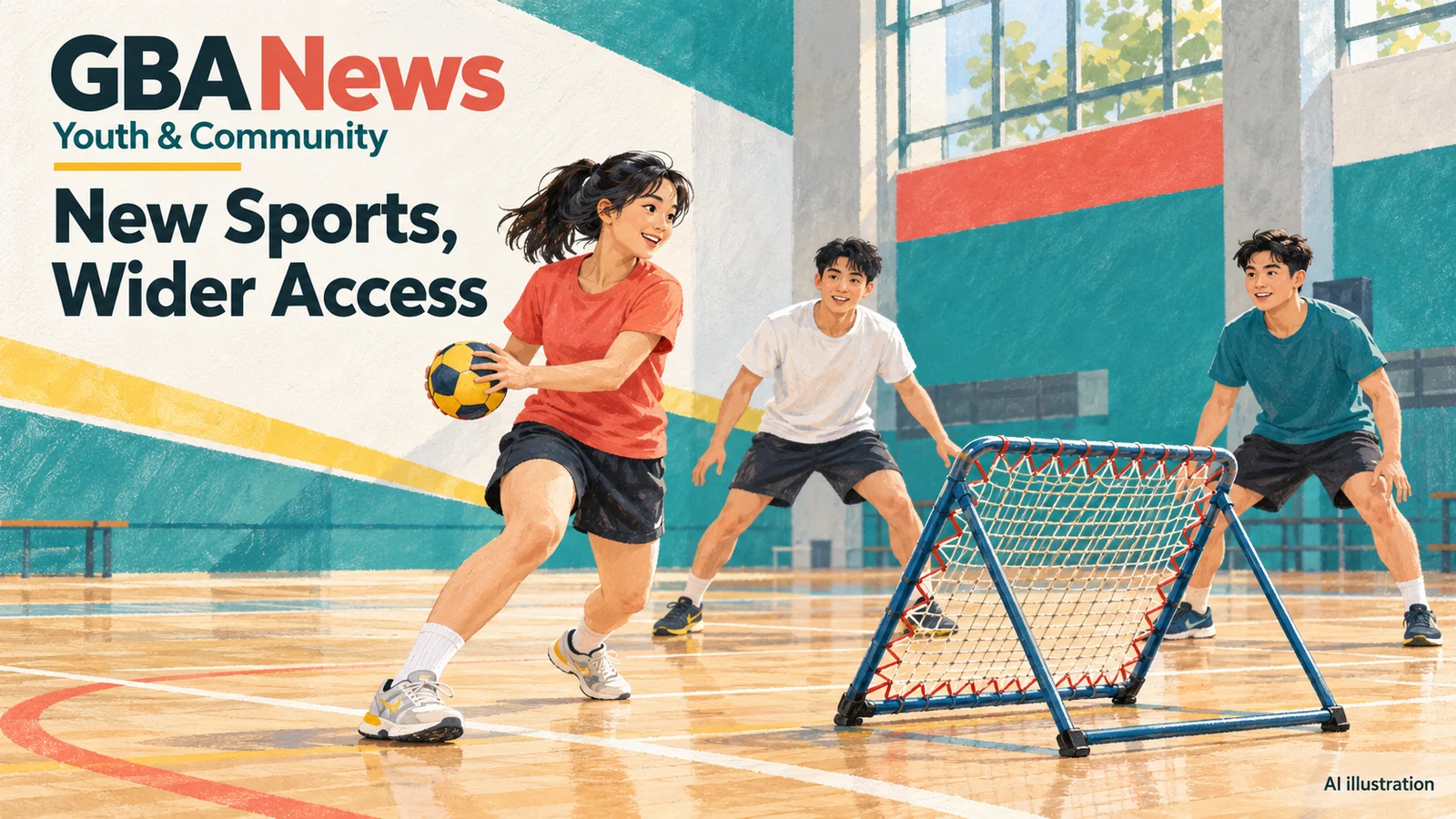 AI illustration of a community tchoukball session and shared rebound frame