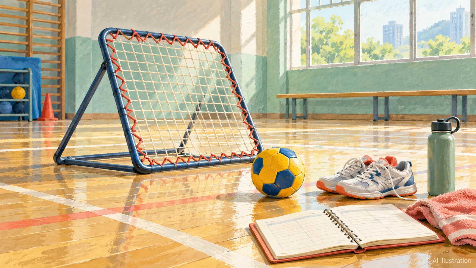 AI illustration of a ball and tchoukball rebound frame beside a community training planner