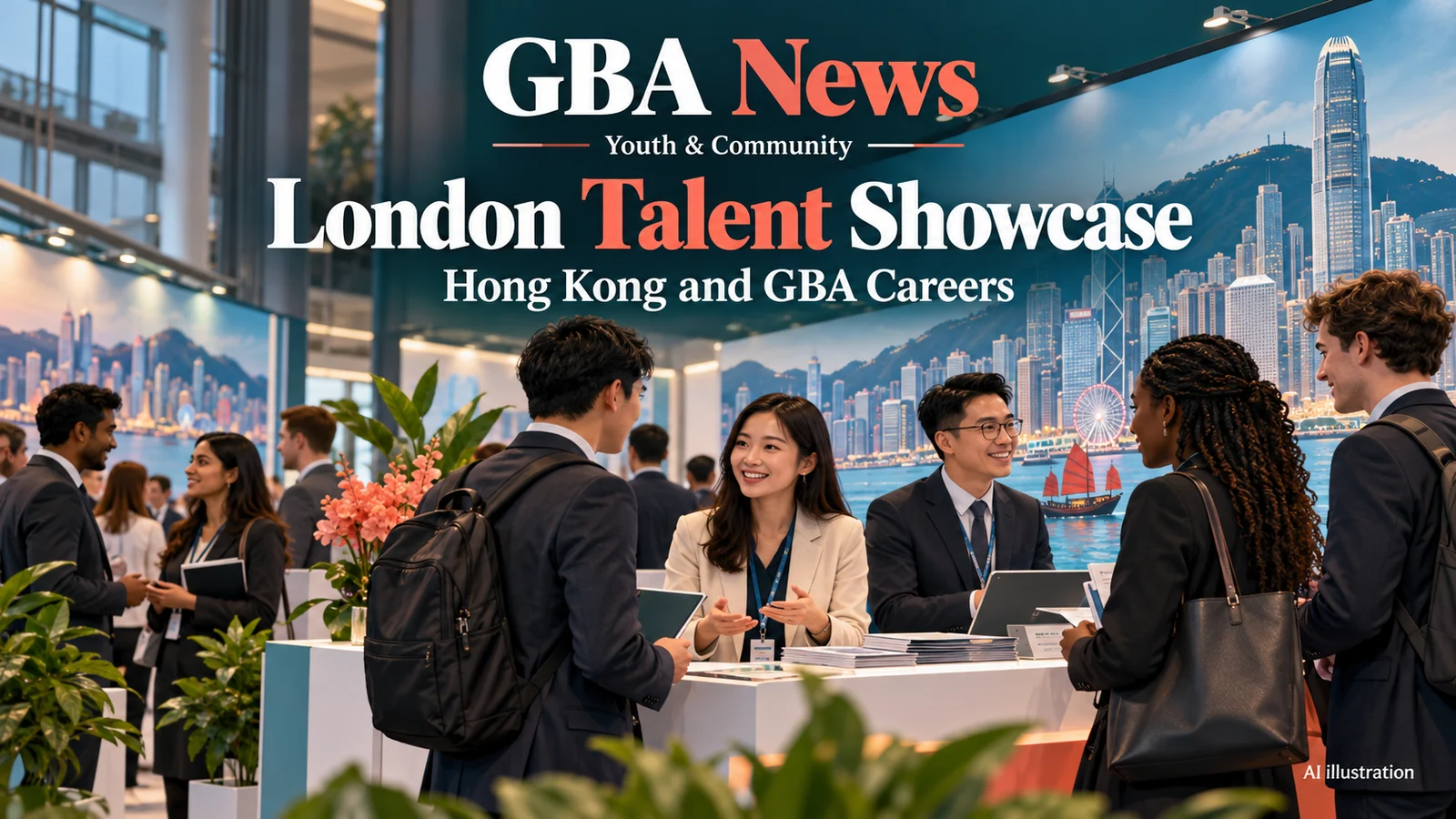 AI editorial illustration of a London career showcase and a Hong Kong career information desk, not a photograph of the event