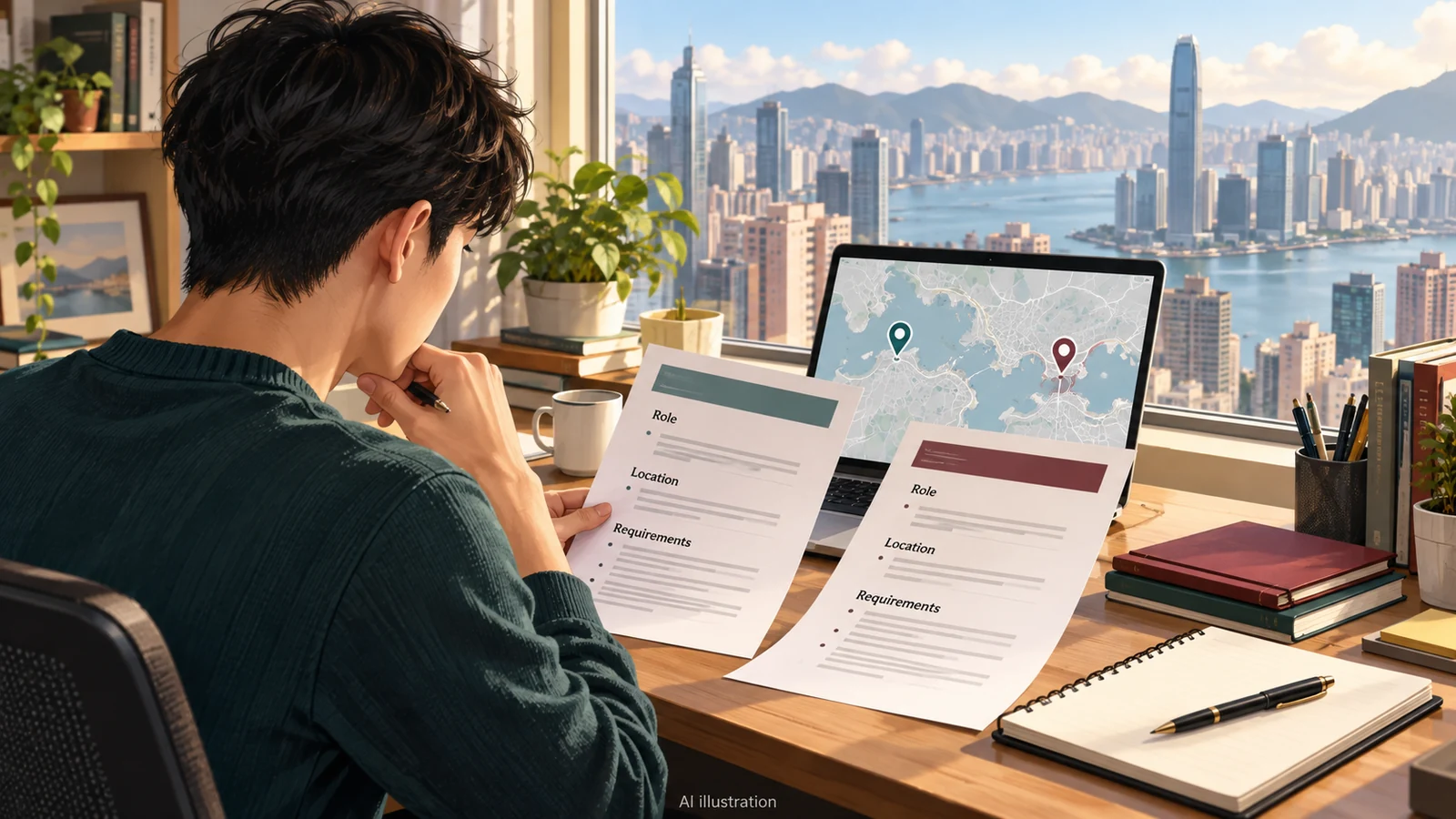 AI illustration of a graduate comparing job descriptions and workplace locations at a desk; no real applicant or recruitment outcome is depicted