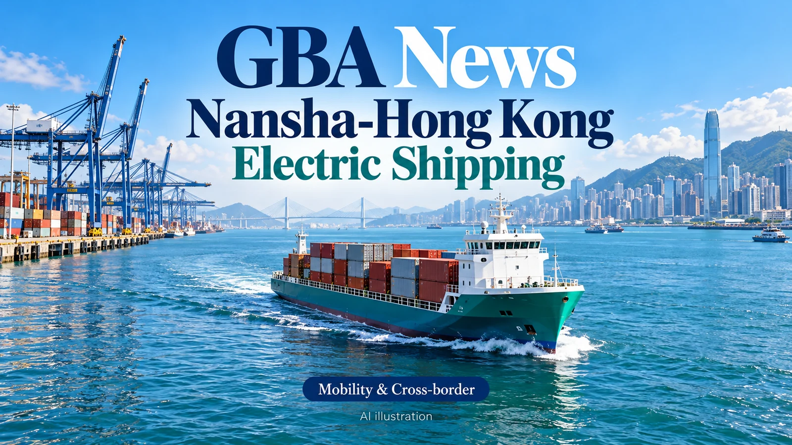 AI editorial illustration of a battery-powered container ship at a Pearl River Delta terminal, not a documentary image of the named vessel