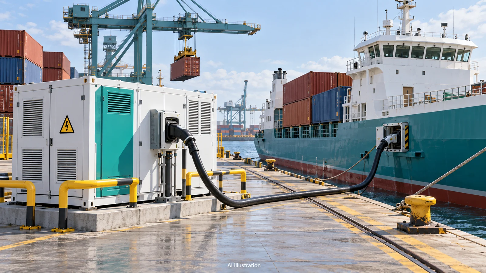 AI illustration of a containerised ship battery beside charging equipment and a terminal crane; a conceptual scene rather than a technical diagram or actual vessel photograph