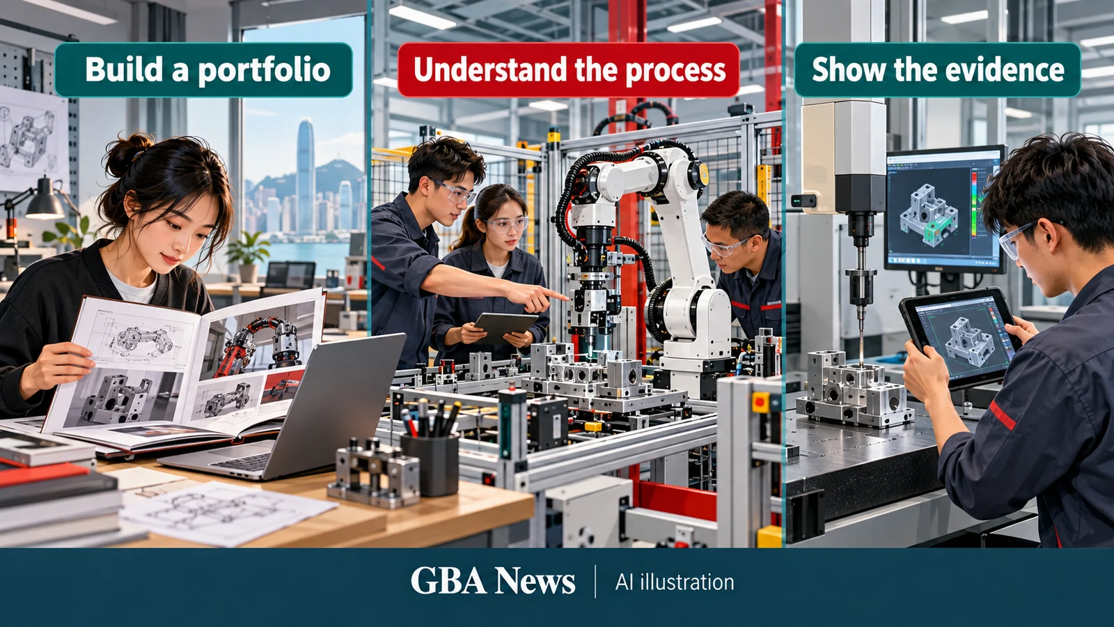 Conceptual AI illustration showing portfolio preparation, understanding an industrial process and presenting evidence