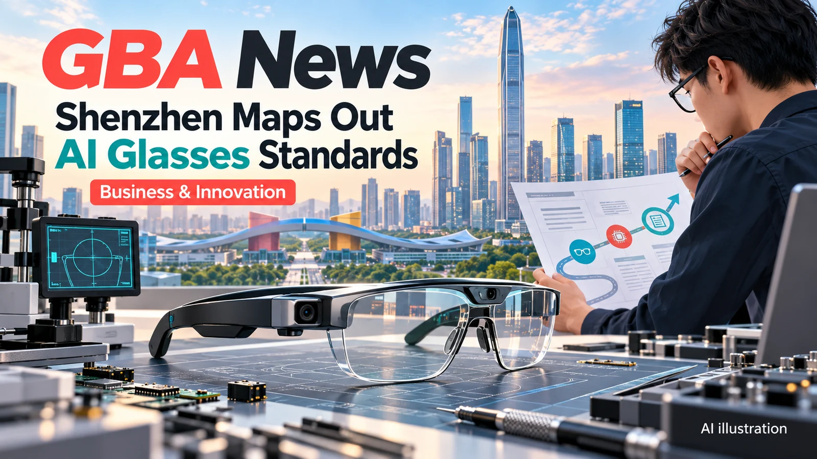 AI editorial illustration of glasses on an engineering workbench with a Shenzhen skyline, not a photograph of an approved product