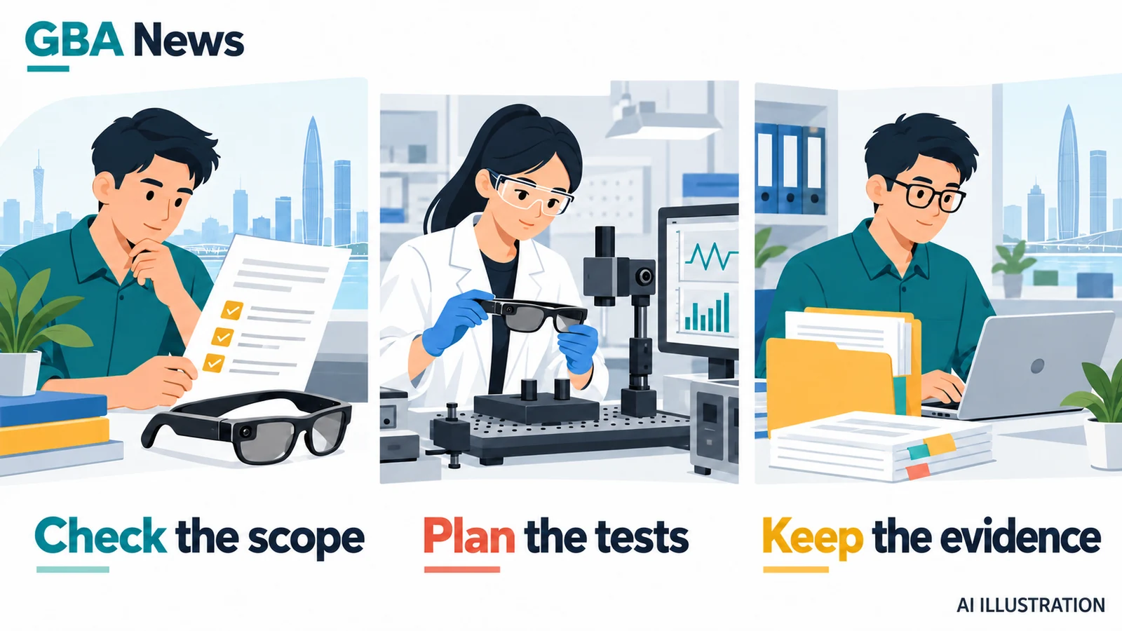 AI illustration of engineers checking a document's scope, planning tests and keeping evidence for a conceptual AI glasses project