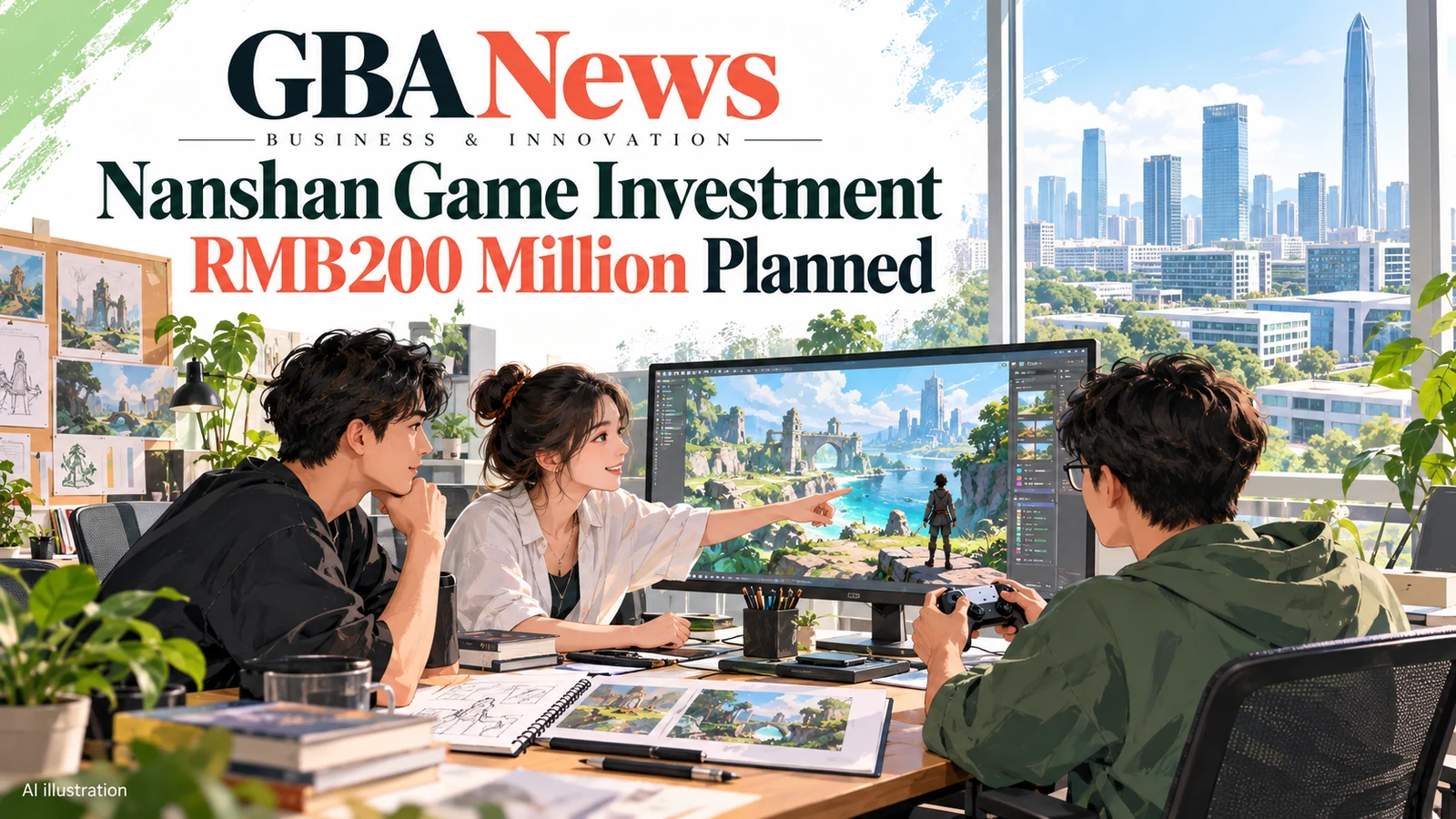 AI illustration of young game developers working in a fictional Shenzhen studio, with a headline about planned Nanshan game-industry investment.