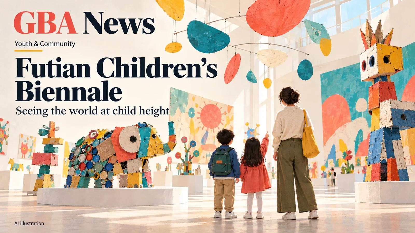 AI illustration of a family exploring an imagined child-centred art exhibition.