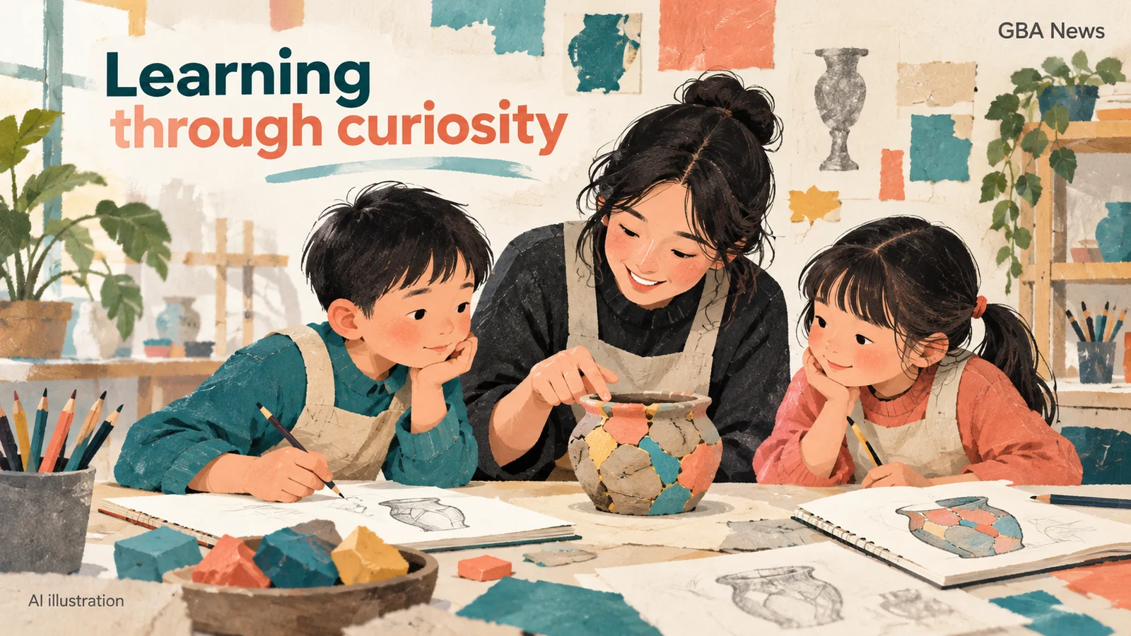 AI illustration of children and an educator discussing a repaired clay vessel at a low studio table.