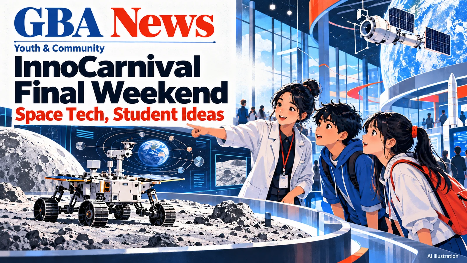 AI illustration of young visitors and an educator exploring an imagined space-technology exhibition with a lunar rover model.