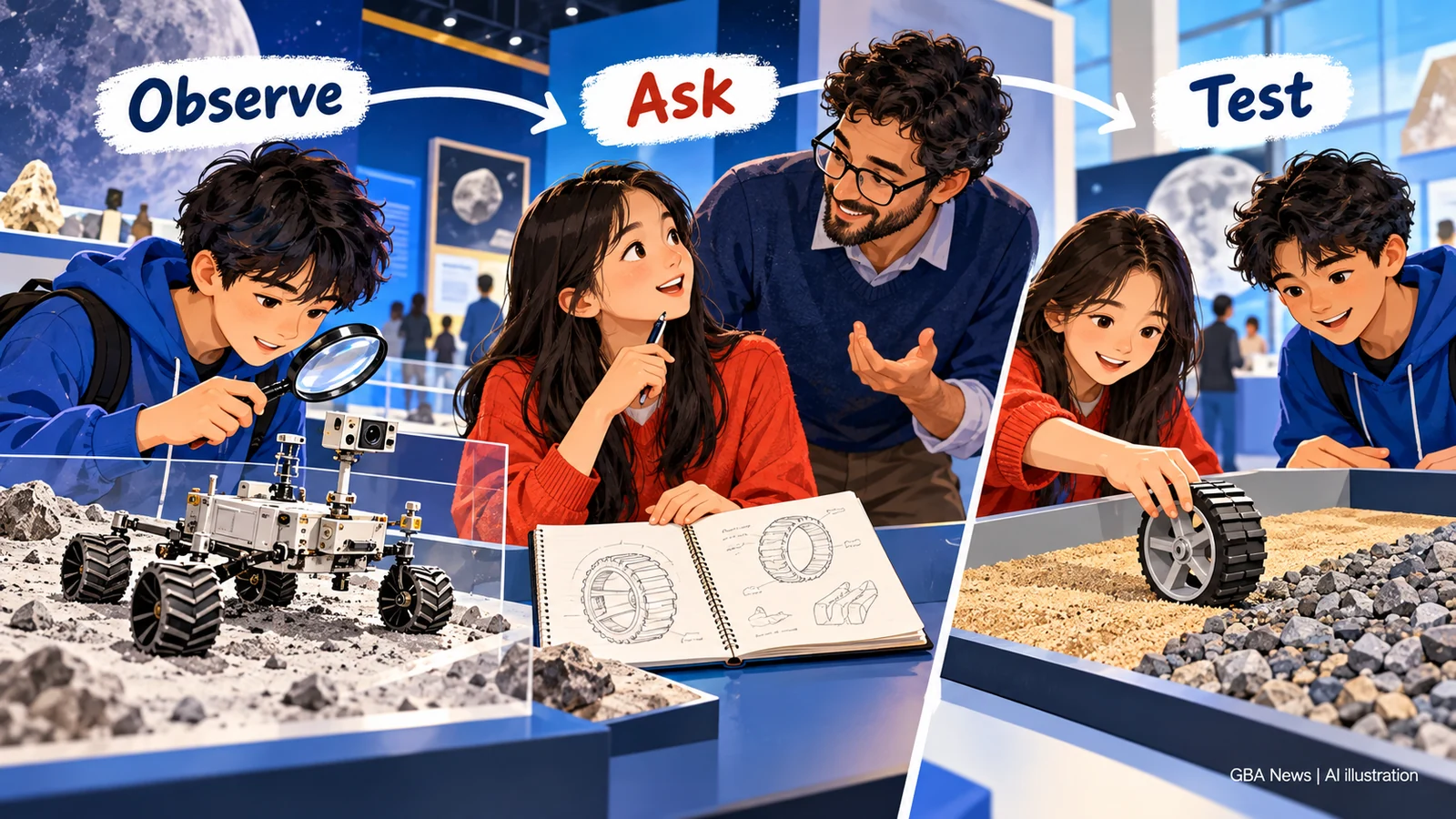 AI illustration showing a three-step learning exercise: observe a rover model, ask questions with a notebook, and test a wheel on different surfaces.