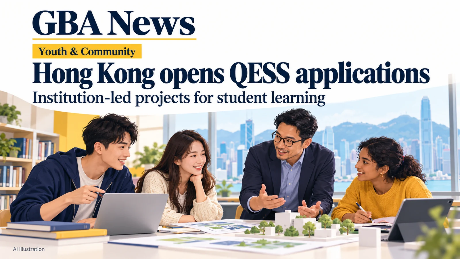 AI illustration of adult tertiary students and an educator discussing a learning project; Hong Kong opens QESS applications