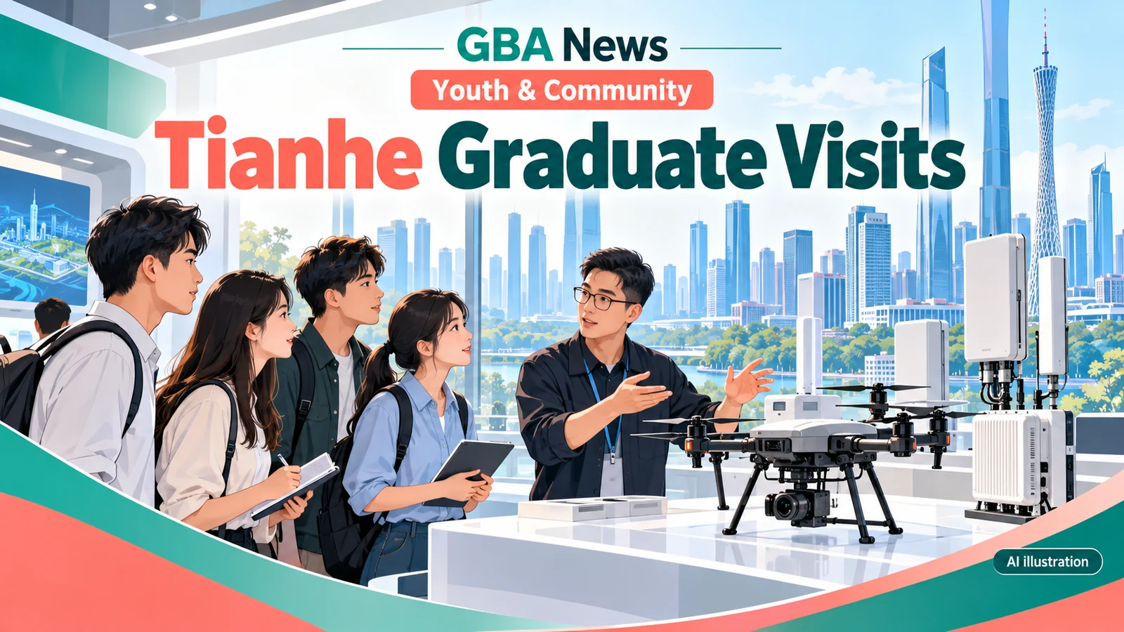 AI illustration of adult graduates visiting conceptual drone and telecommunications exhibits in Guangzhou, not the actual participating companies