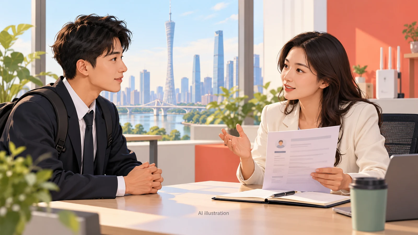 AI illustration of a graduate speaking with a recruiter during a conceptual initial interview, not actual participants