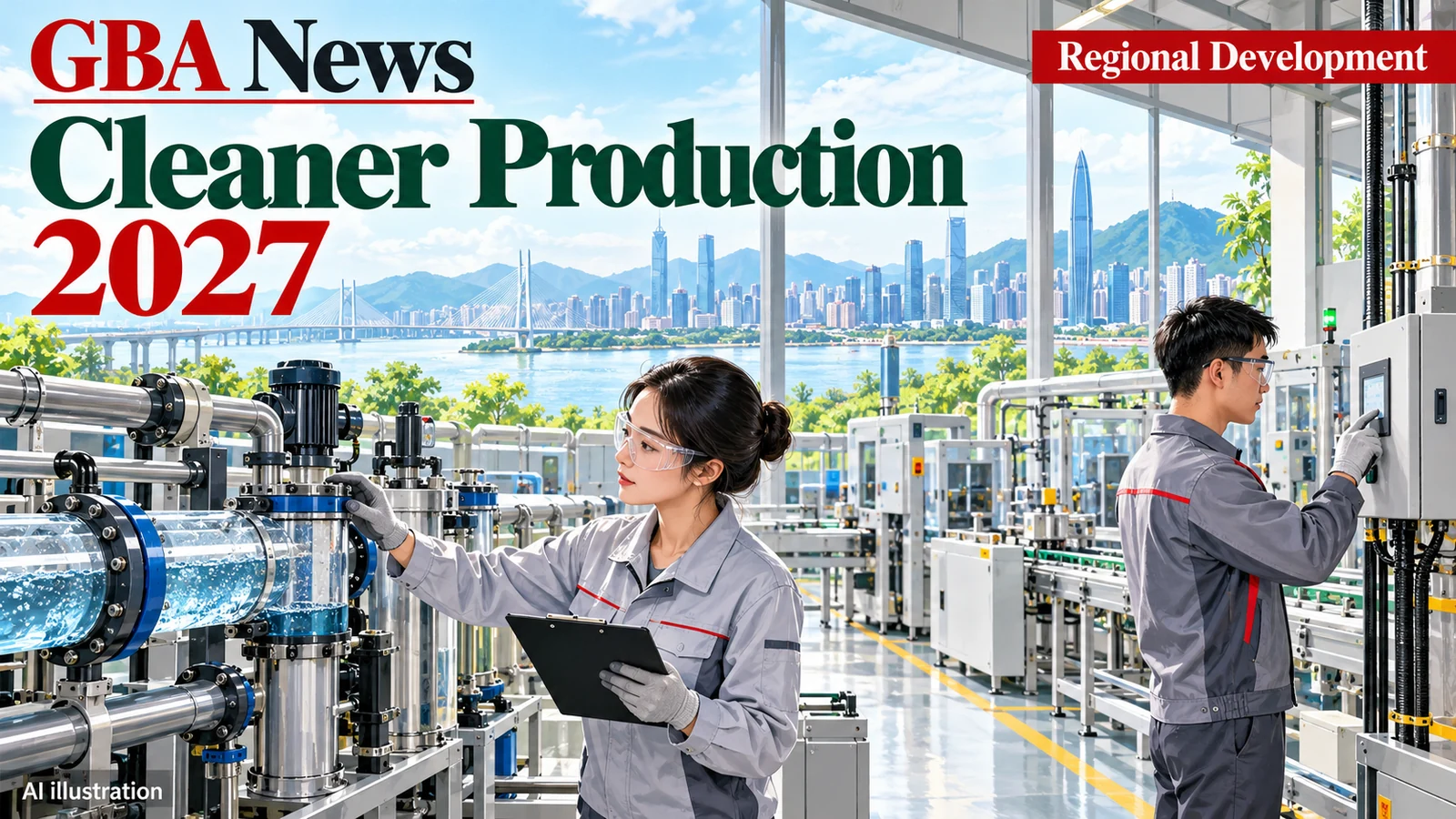 AI illustration of engineers assessing energy and water use in a generic factory, not an actual award-winning enterprise.