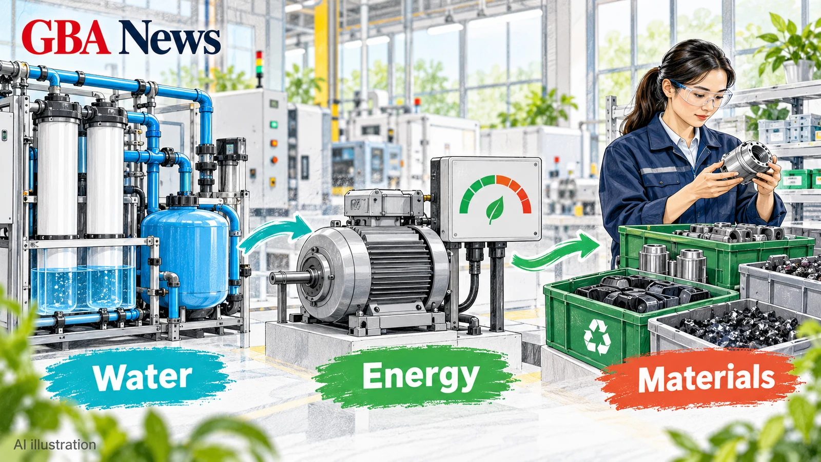 AI illustration of engineers examining separate water, energy and material systems on a generic factory floor.