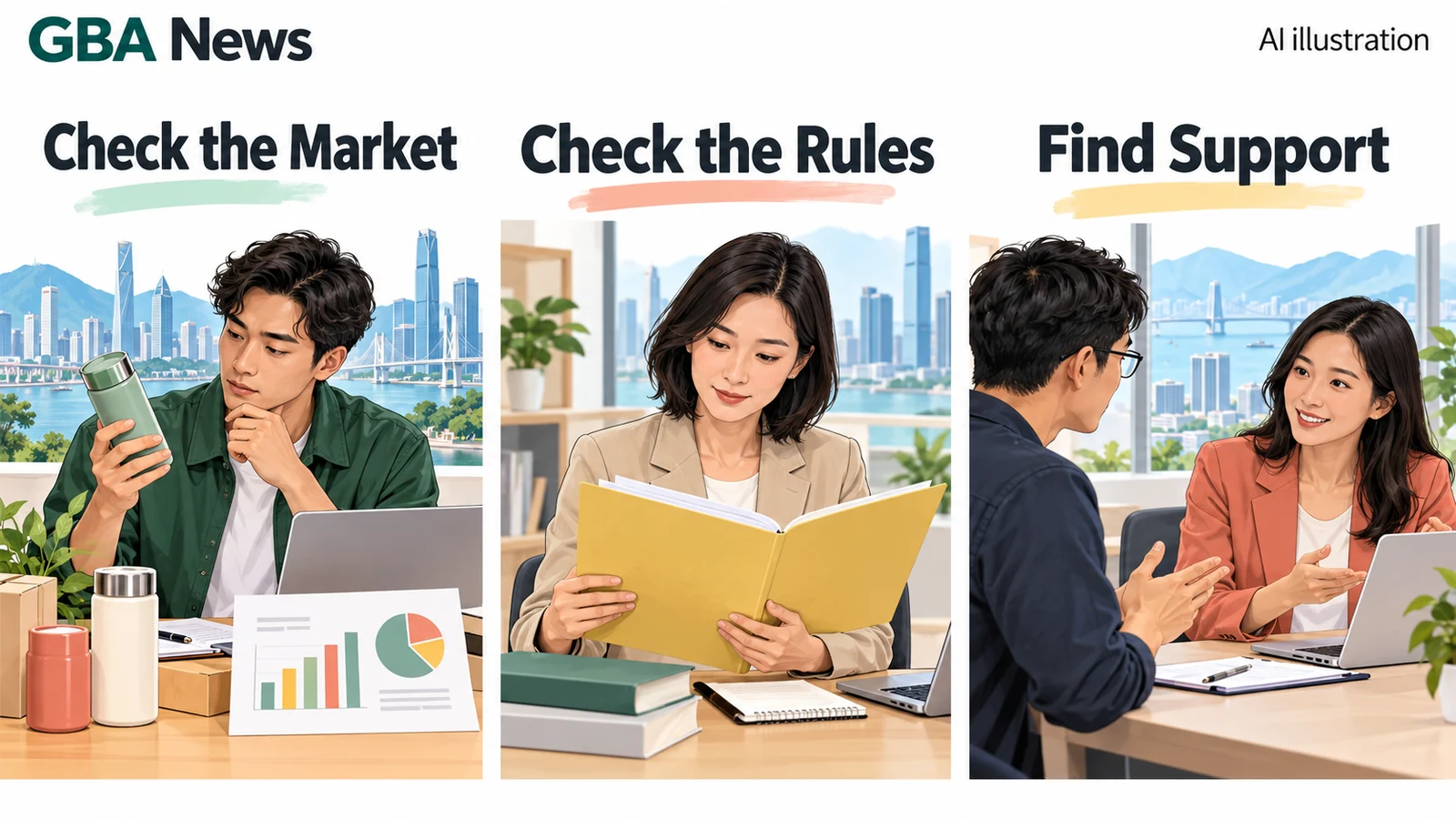 AI illustration showing three editorial preparation themes: Check the Market, Check the Rules and Find Support