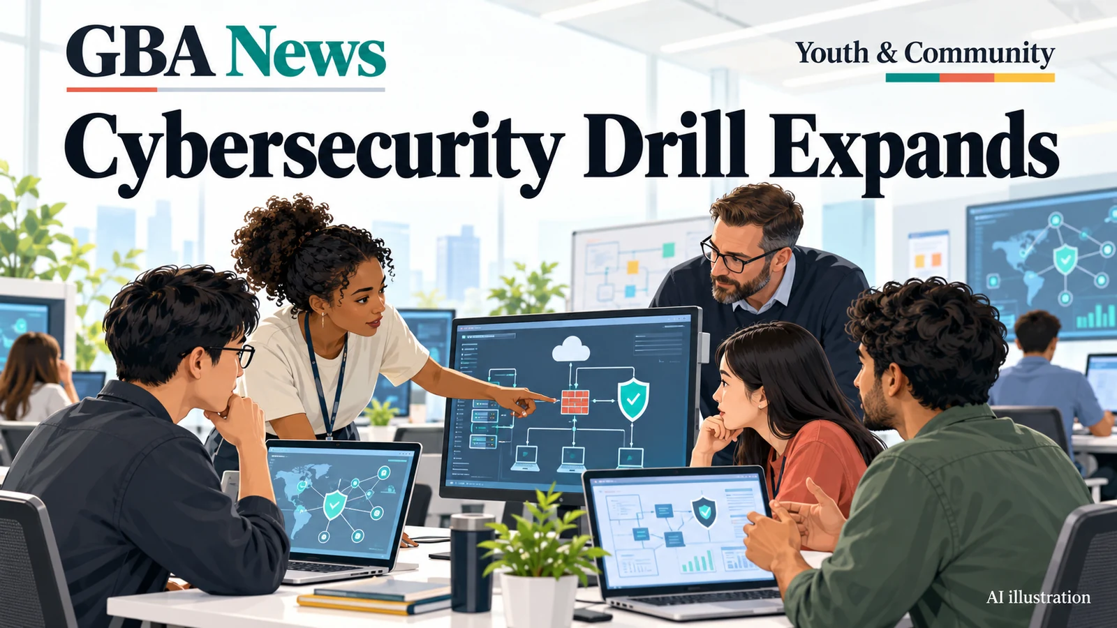 AI illustration of adults learning defensive cybersecurity in a controlled training lab, with the headline Cybersecurity Drill Expands