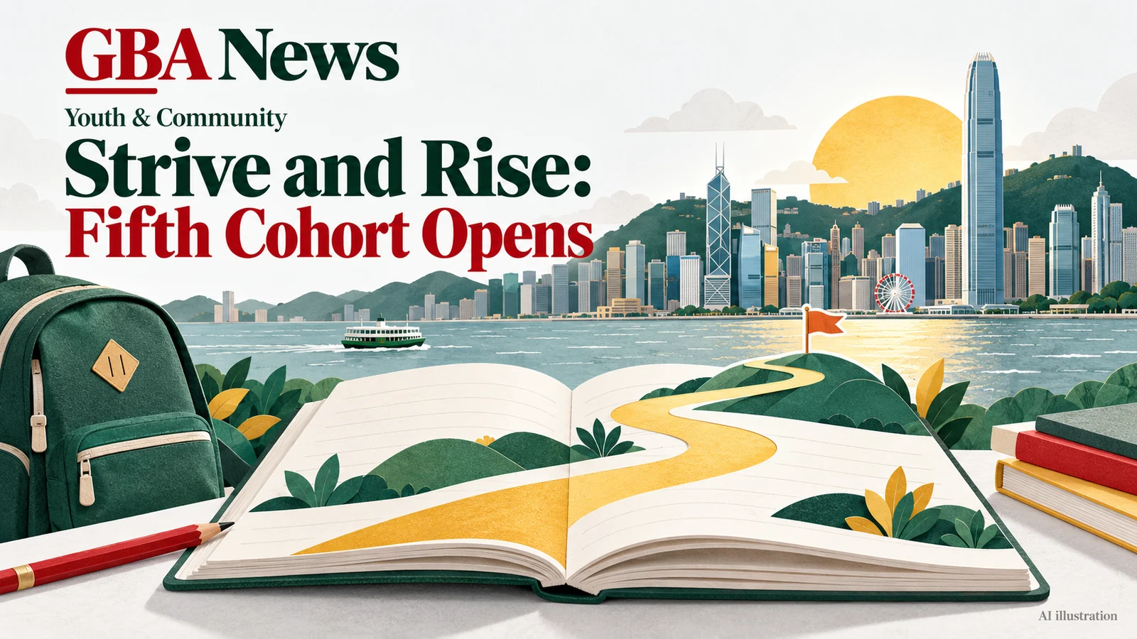 AI illustration of a school notebook with an ascending path and Hong Kong harbour skyline, titled Strive and Rise: Fifth Cohort Opens
