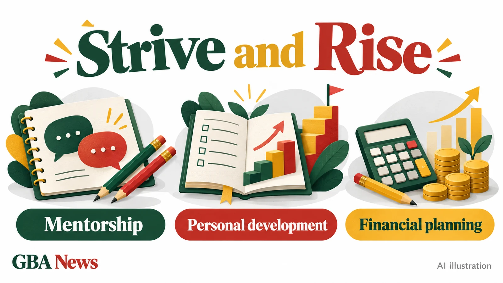 AI illustration of notebooks, steps and financial-planning objects labelled Mentorship, Personal development and Financial planning