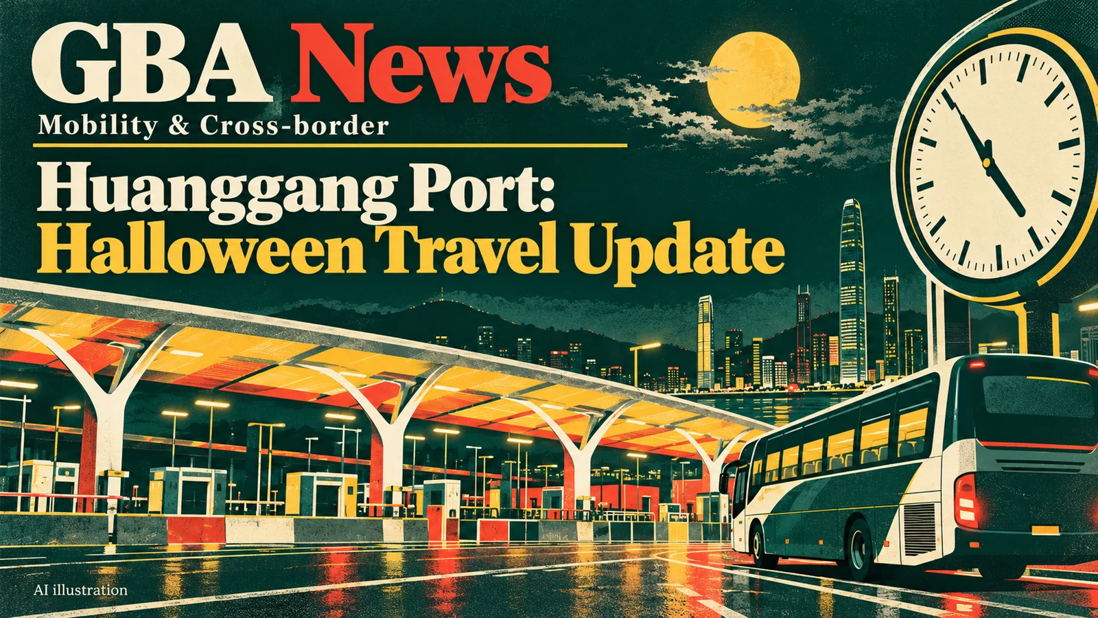AI illustration of a conceptual Huanggang Port canopy, coach and clock, labelled Huanggang Port: Halloween Travel Update.
