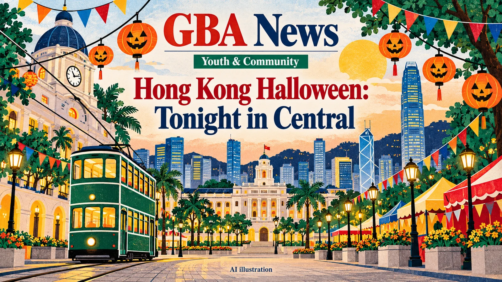 AI illustration of a conceptual Central streetscape, tram and pumpkins, labelled Hong Kong Halloween: Tonight in Central.