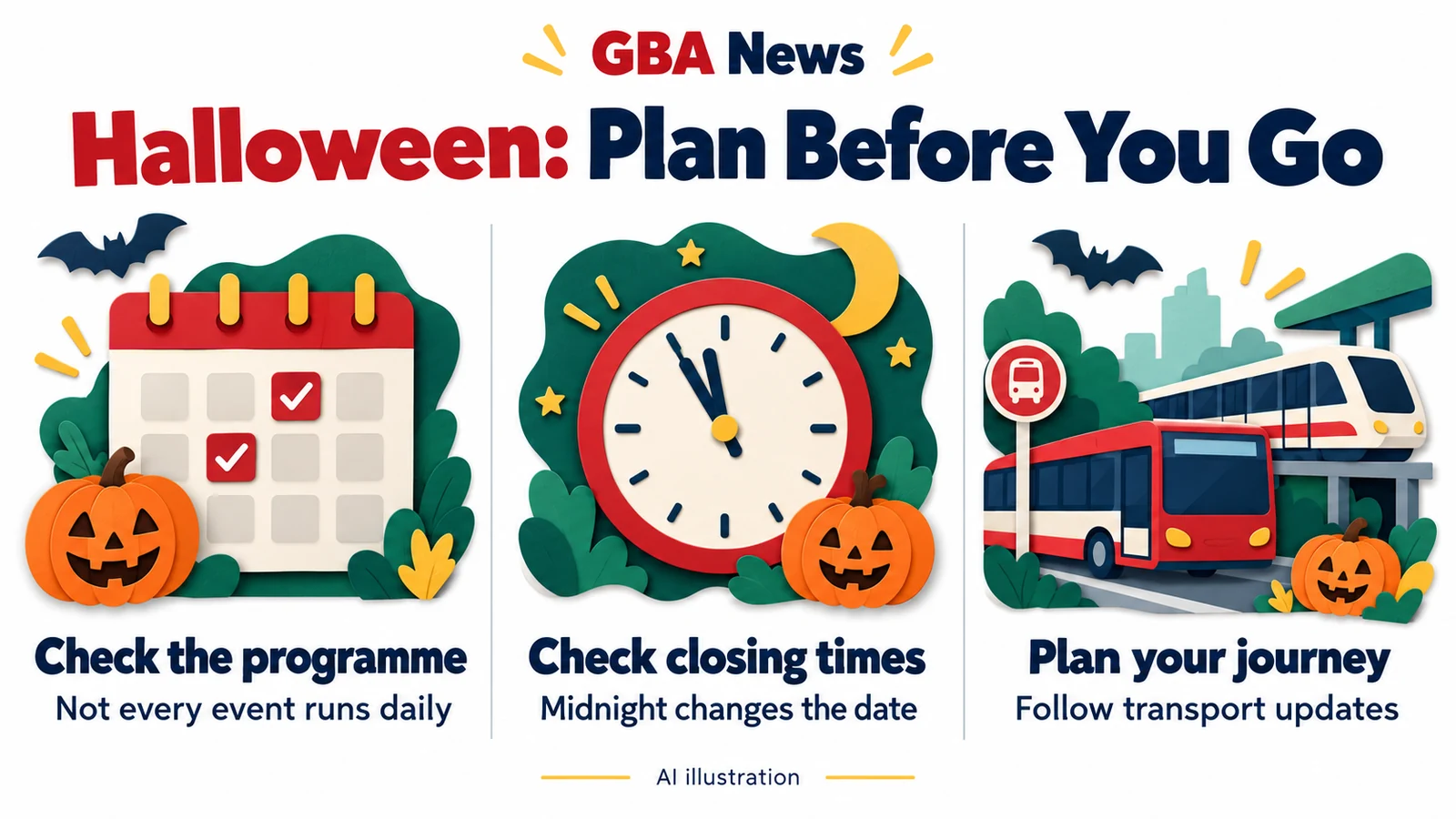 AI illustration advises checking the programme, closing times and transport before a Halloween visit.
